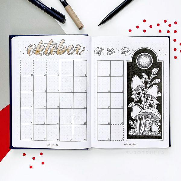 Shroom Shroom Mushroom Spread - Bullet Journal Monthly Calendar Spread Ideas for October