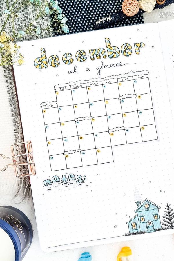 Half Page Monthly with Snowy Calendar - December Bullet Journal Ideas - Monthly Pages for December